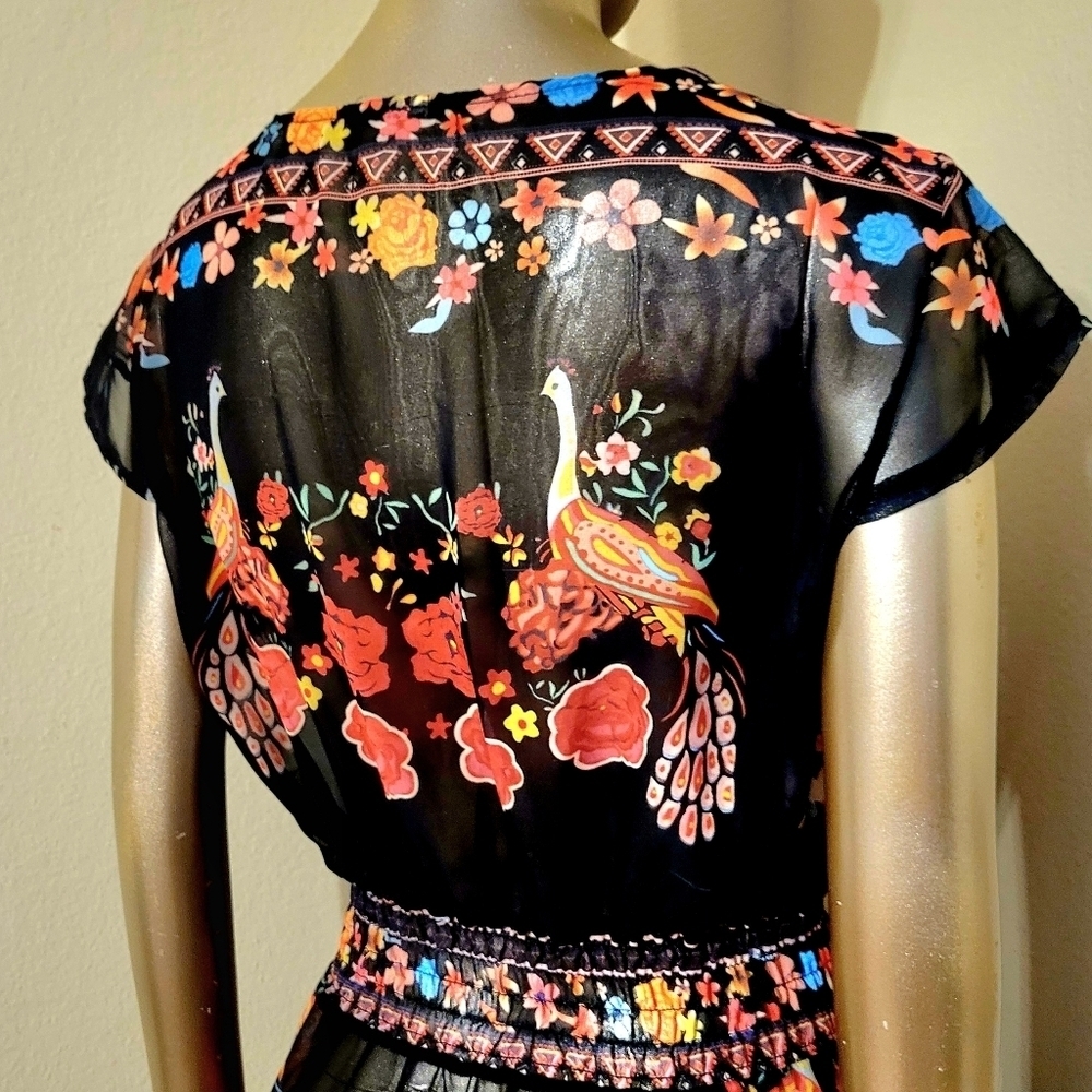 NWOT Floral Shirred Waist Tie Front Ruffle Hem Boho Sheer Dress Sz M - Picture 12 of 16